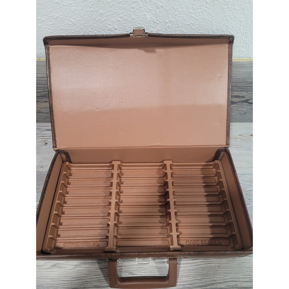 vintage cassette tape storage case brown with handle and snap lock. made in USA